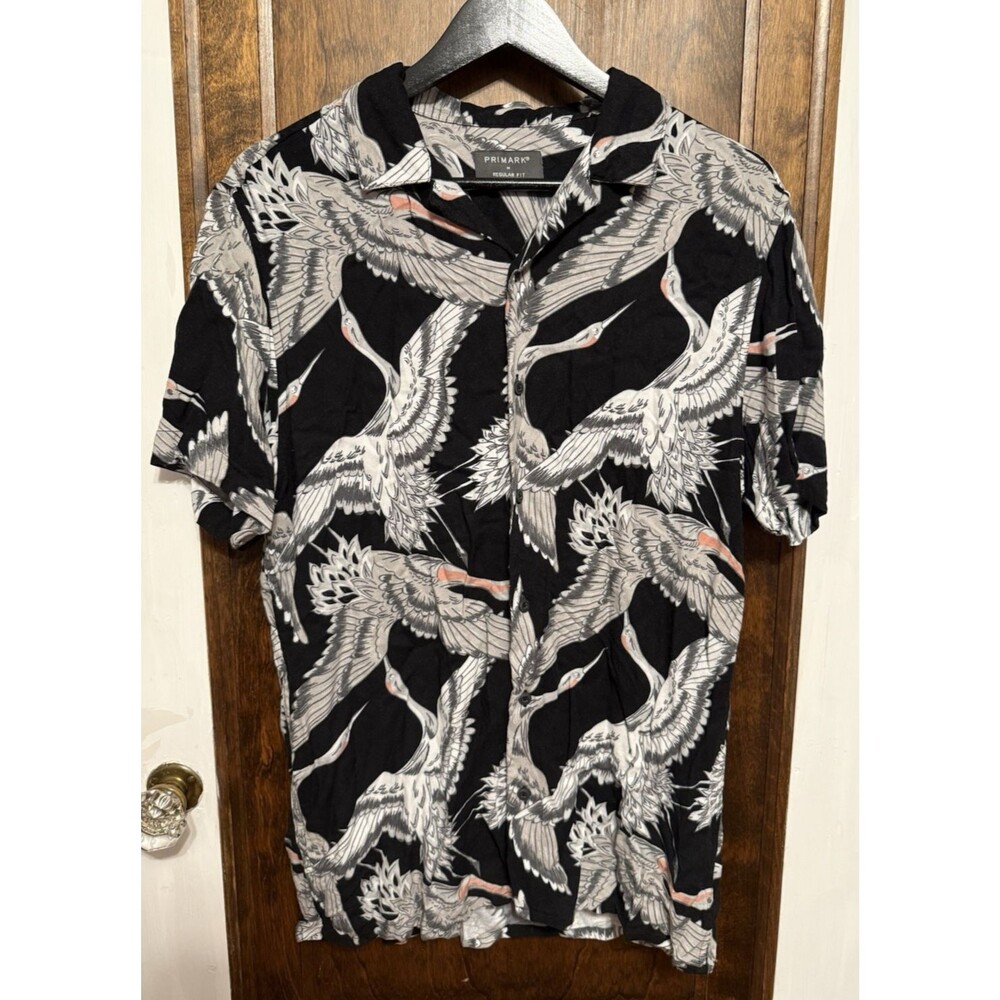 Primark Button Down Shirt, Short Sleeve, White & Black Bird Pattern Medium